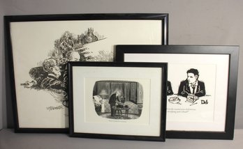 Collection Of Vintage Framed Black And White Illustrative Art Prints