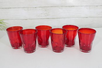 Set Of 6 Red Henri Glass Tumblers  4' Vintage Drinking Glasses  Bright Ruby Glassware