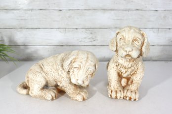 Vintage Cast Stone Dog Figurine Pair  Sitting & Lying Puppy Statues  10 H & 7 H