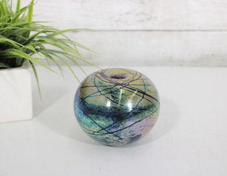 Vintage Iridescent Art Glass Orb Vase  Hand Blown Studio Glass  4' Decorative Vase