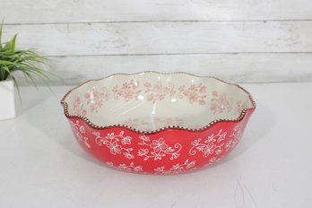 Temptations Floral Lace Red 12.5' Round Serving Bowl  Scalloped Edge  4' High