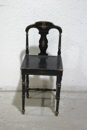 Antique Hand-Painted Black Wood Side Chair  Floral Motif & Distressed Finish