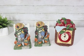 Vintage Country Apple Wall Clock (Untested) & Garden Girl Bookends  Folk Art Dcor Lot