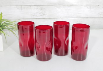 Set Of 4 Vintage Pilgrim Glass Ruby Red Pinched Crackle Tumblers  5.5' Mid-Century Glassware