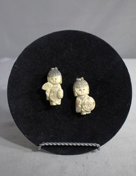 #44--Pair Of Exquisite Japanese Carved Pins - Delicately Detailed