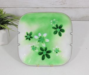Vintage Green Floral Enamel Metal Tray / Plate  8.5' Mid-Century Modern Decor