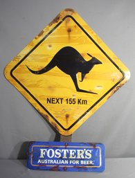 Vintage Kangaroos Next 155 Kilometers Road Sign With Foster's Australian Beer Tin Sign