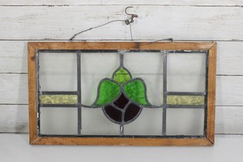 Antique Stained Glass Window Panel W/ Wood Frame  Green & Amber Design  10.5' X 18.5'