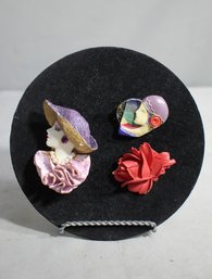 #40--Collection Of 3 Vintage Ladies Head And Rose Brooches