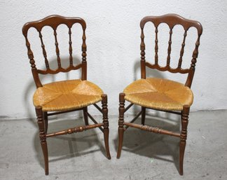 Pair Of Vintage French Country Rush Seat Chairs  Turned Wood Spindle Back