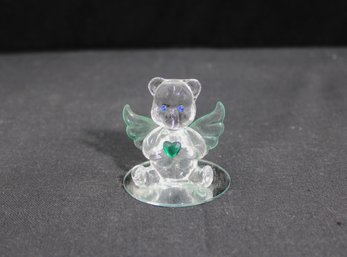 3-Vintage Crystal Glass Teddy Bear Angel Figurine W/ Heart & Mirror Base 2.5'