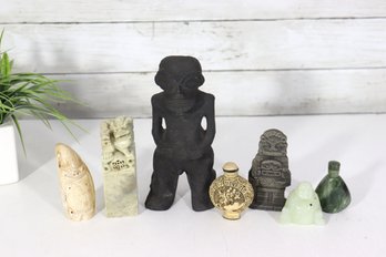 Mixed Asian Carved Stone & Jade Figurine Lot  Statues, Snuff Bottle & Decorative Pieces