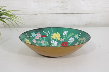Vintage Floral Enamel Bowl  Green Interior W/ Multicolor Flowers  9' Decorative Dish