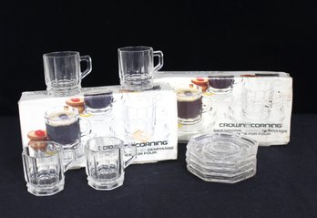 Vintage Crown Corning Dimensions Tempered Glass Demitasse Set  Service For Four (2.5' Cups, 4' Plates)