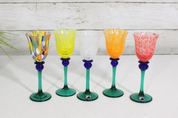 Czech Republic Art Glass Stemware Set 5 Multicolor Goblets W/ Green Stems -6'