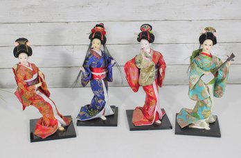 Set Of 4 Vintage Japanese Geisha Dolls On Stands  Silk Kimono Figurines