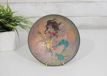 Signed Vintage Enamel On Copper Mermaid Bowl  Hand Painted Figural Art Dish  7'