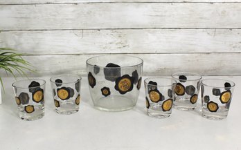 Vintage Libbey Black & Gold Coin Bar Set  (4) Glasses 3.5  Ice Bucket 5.5