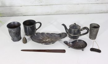 Vintage Pewter & Metal Tableware Lot  Teapot, Cups, Dishes,  & Rye Sign