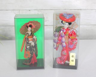 Pair Vintage Japanese Geisha Dolls In Display Cases  Made In Japan  9 Tall