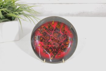 Signed Win Ng Enamel On Copper Plate  Red Abstract Design  5.5' Studio Art Dish
