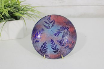 Vintage Enamel On Copper Plate  Purple Leaf Design  Iridescent Art Dish  6'