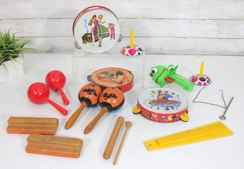 Vintage Childrens Musical Instrument Lot  Mouseketeers Tambourine, Maracas, Drum, Noisemakers & More