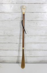 Vintage Carved Dog  Head Shoehorn  Wood Shaft & Faux Horn Handle, 26.5'