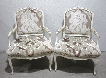 Pair Of Elegant Louis XV Style French Armchairs  Distressed White Frame & Ikat Upholstery