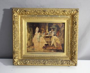 Antique Rococo Style Genre Painting In Ornate Gilt Frame