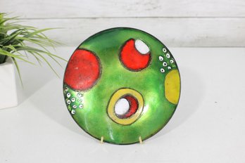 Vintage Enamel On Copper Plate  Abstract Modern Design  Green Red Yellow  7' Art Dish