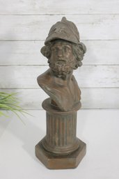 Vintage Bronze Finish Classical Warrior Bust Sculpture On Pedestal  Greek/Roman Style, 14'