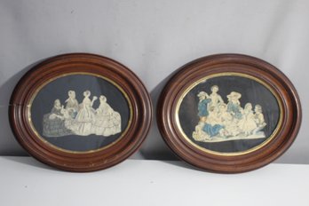 Pair Of 19th Century Cut Out Silhouette Collage Scenes In Oval Wooden Frames  10.5'x 13'