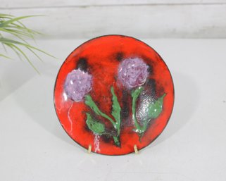 Vintage Enamel On Copper Plate  Red Floral Design  Mid-Century Art Dish  5.75'