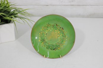 Vintage Enamel On Copper Plate  Green Abstract Circle Design  6' Mid-Century Art Dish