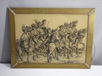 Italian Vintage Engraving Of A Cavalry Procession In Brass Frame