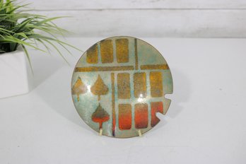 Vintage Enamel On Copper Plate  Abstract Tree & Geometric Design  5.5' Mid-Century Art Dish