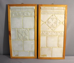 Pair Of Vintage Framed Porcelain Tiles With Embossed Decorations
