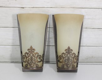Set Of 2 Wall Sconce Lights  Frosted Glass Shades W/ Ornate Bronze Scroll Design, 9.5' X 5.5'
