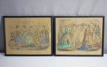 Pair Of Antique 1850s Godeys Fashion Prints In Black Frames