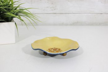 Signed Evans Enamel Dish On Copper  Yellow & Blue Footed Bowl  5.5 Mid-Century Modern