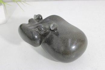 S. Masaoka Signed Stone Hippo Sculpture  Hand Carved Dark Stone Hippopotamus, 4.5' H