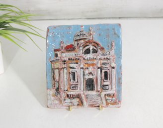 Vintage Hand Painted Dubrovnik Tile Plaque Signed 1996 Architectural Relief 6.25'