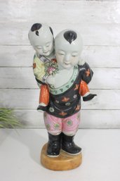 Vintage Asian Porcelain Figurine  Children Embracing Statue, Hand Painted, 16'