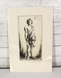 Vintage Signed Figurative Etching Of Young Boy  Black & White Print, Matted, 18' X 12'