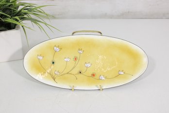 Signed Gerte Hacker Enamel On Copper Oval Plate  Gold Leaf Yellow Floral  Mid-Century Modern  10 X 4.5
