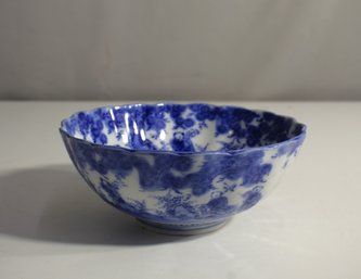 Antique Blue And White Porcelain Bowl With Scalloped Edge And Scenic Design