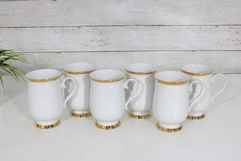 Set Of 6 Sheffield Fine China White & Gold Trim Coffee Mugs  4.5 Tall Elegant Pedestal Cups