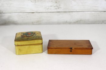Vintage Nautical Tin Box With Sailing Ship & Wooden Keepsake Box  Decorative Storage Lot (2 Pieces)