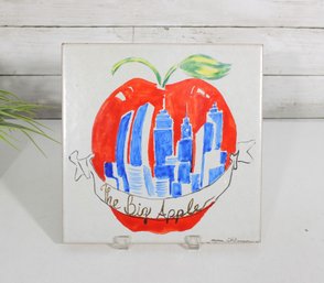 Signed Pop Art Ceramic Tile  The Big Apple NYC Skyline  Hand-Painted  10 X 10